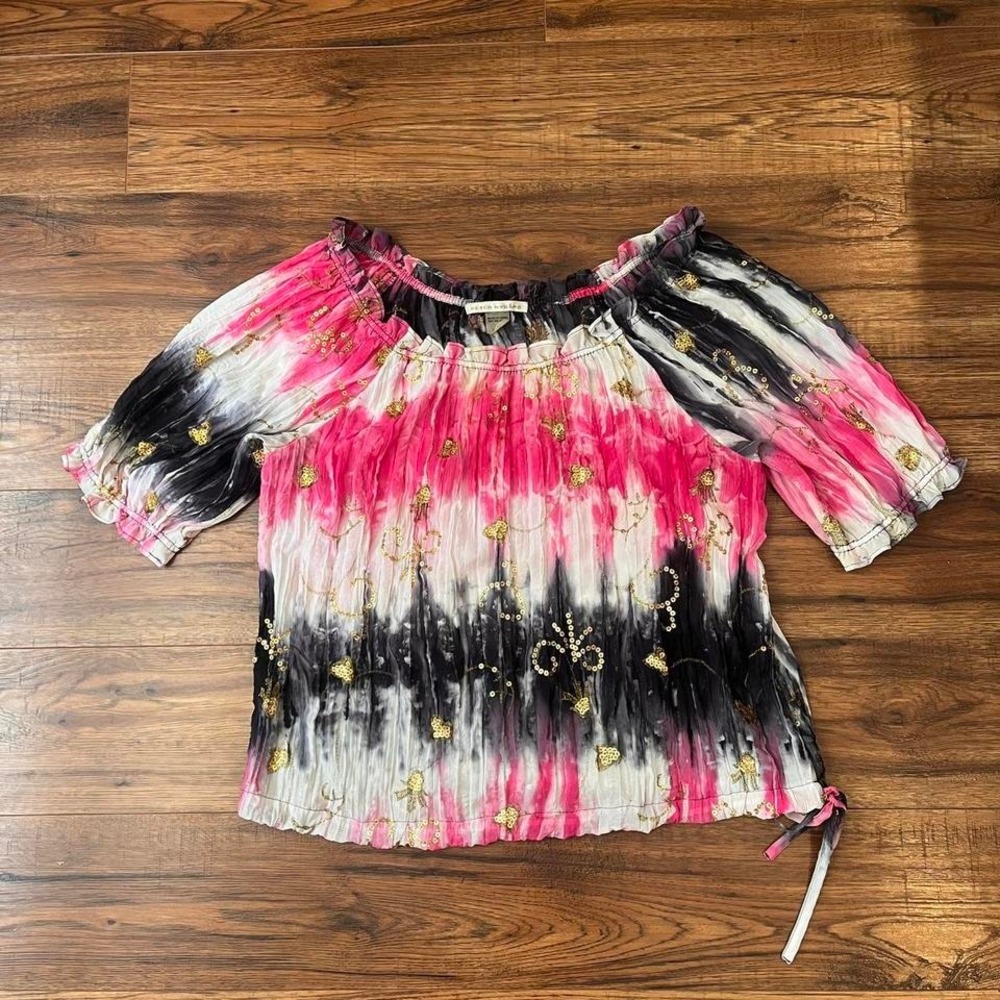 Vintage Y2K Off Shoulder Blouse Tie Dye Sequin Embroidery Boho Peasant Top‎ 14